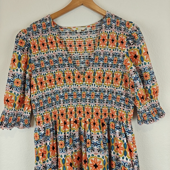 BODEN Smocked Bodice Puff Sleeve Midi Floral Deep V Dress Size 16/18R - Picture 7 of 15